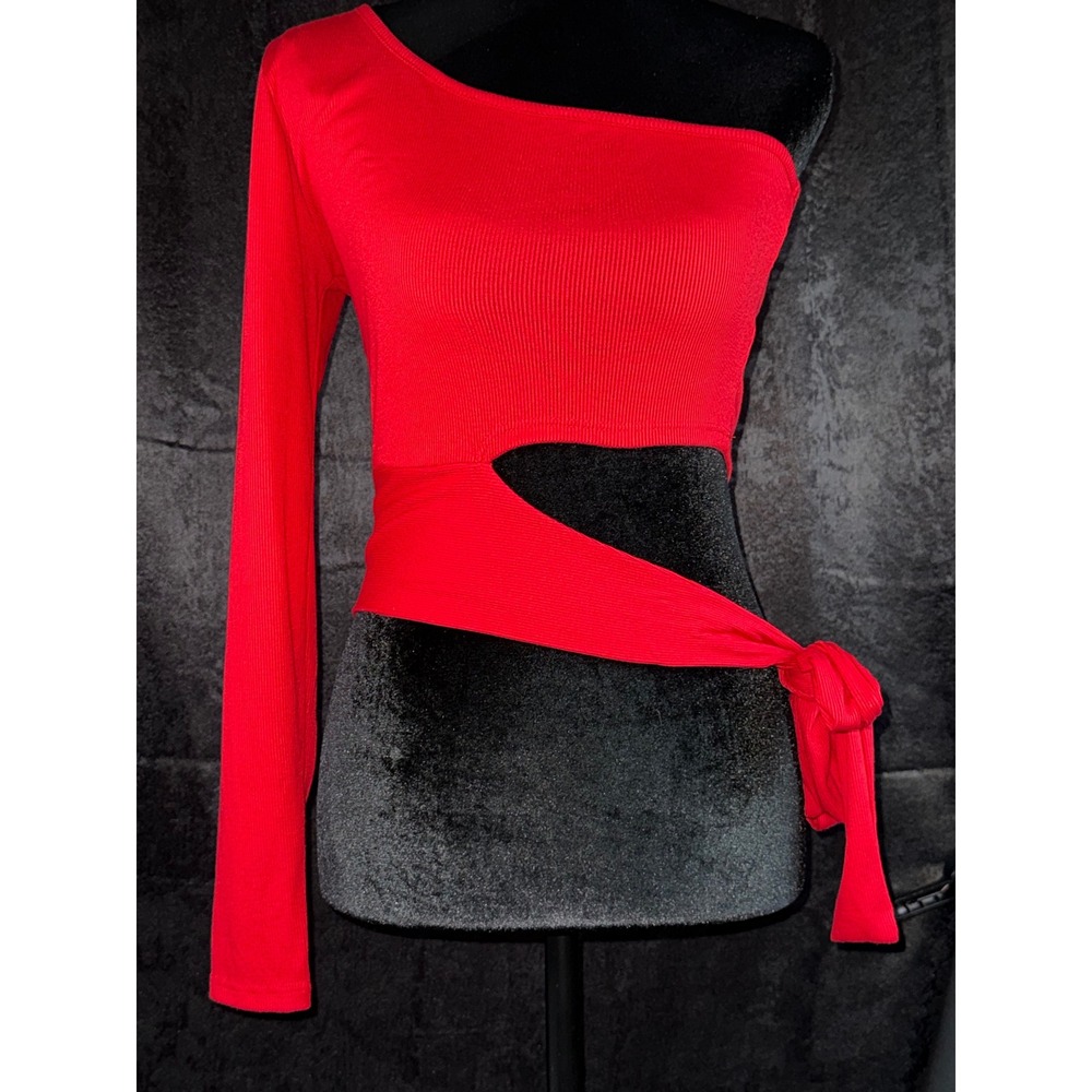Windsor Red Ribbed One Shoulder Cutout Tie Waist Crop Top Long Sleeve‎ Womens